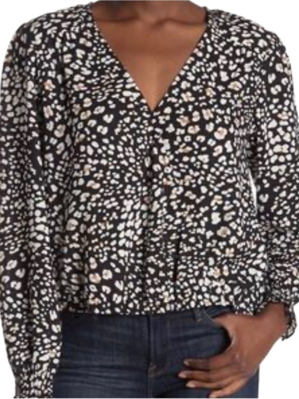 Sanctuary Leopard Print V-Neck Peasant Blouse — Black — Size S